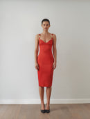 Red Midi Satin Dress with Hand-Made Gold Plated Accesory
