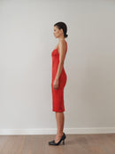Red Midi Satin Dress with Hand-Made Gold Plated Accesory