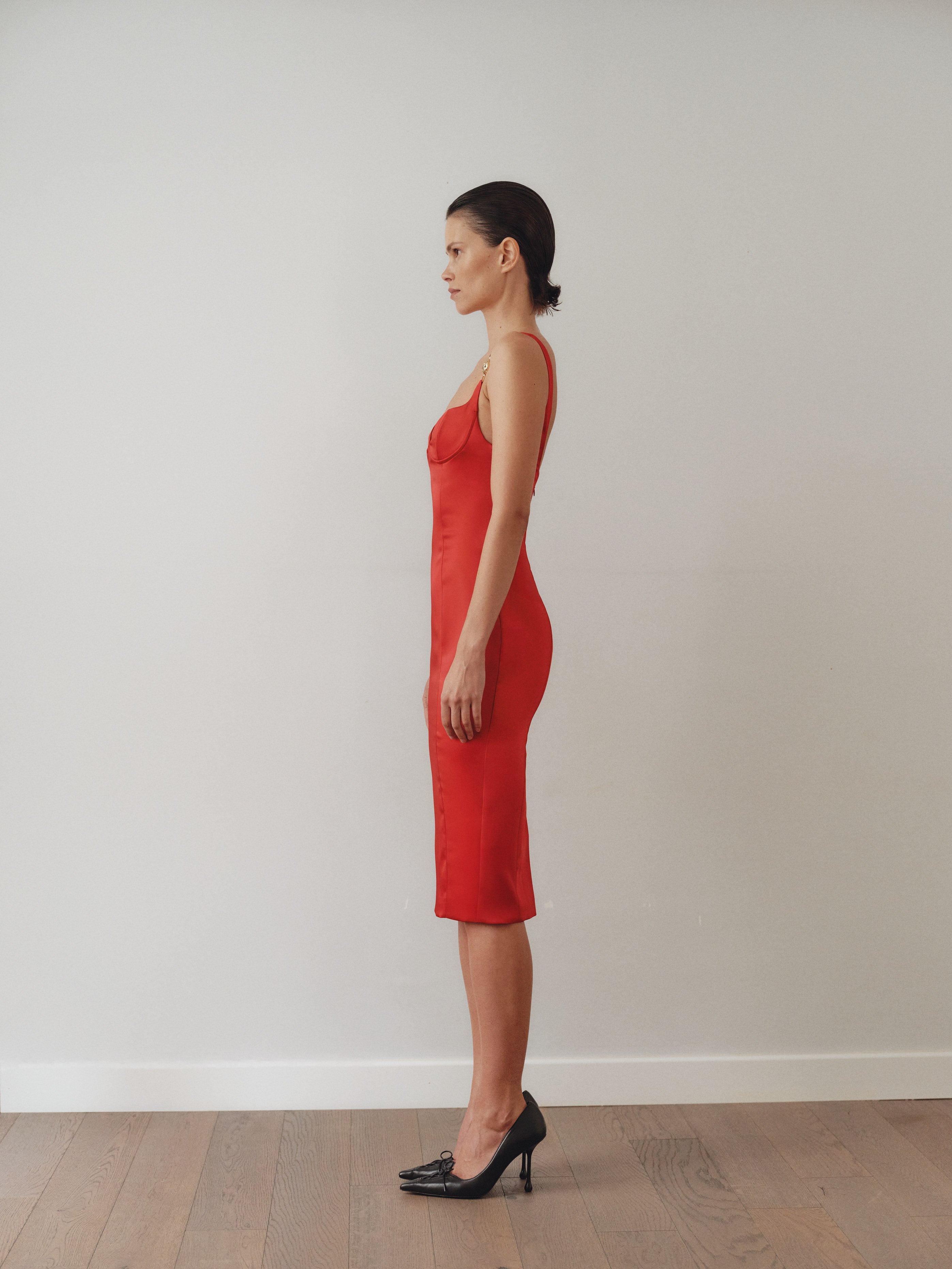Red Midi Satin Dress with Hand-Made Gold Plated Accesory