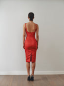 Red Midi Satin Dress with Hand-Made Gold Plated Accesory