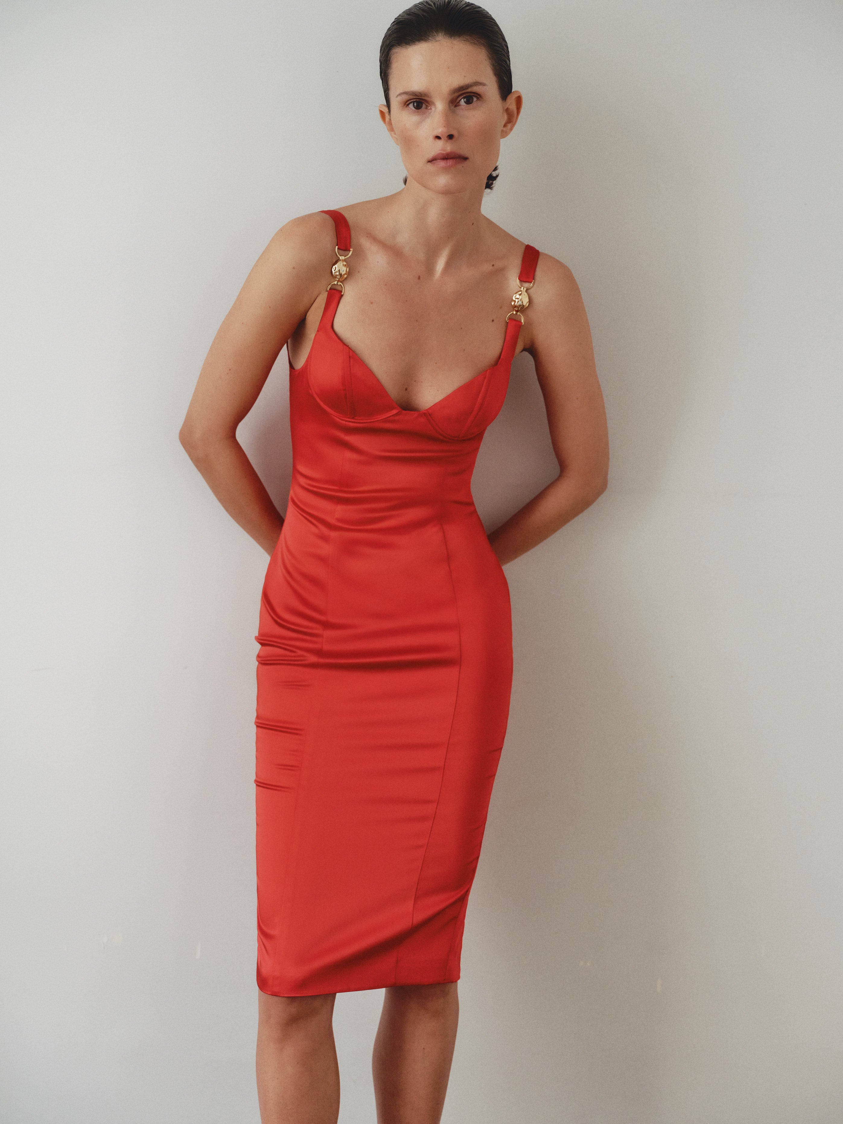 Red Midi Satin Dress with Hand-Made Gold Plated Accesory