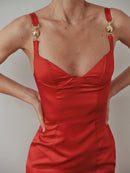 Red Midi Satin Dress with Hand-Made Gold Plated Accesory