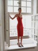 Red Midi Satin Dress with Hand-Made Gold Plated Accesory