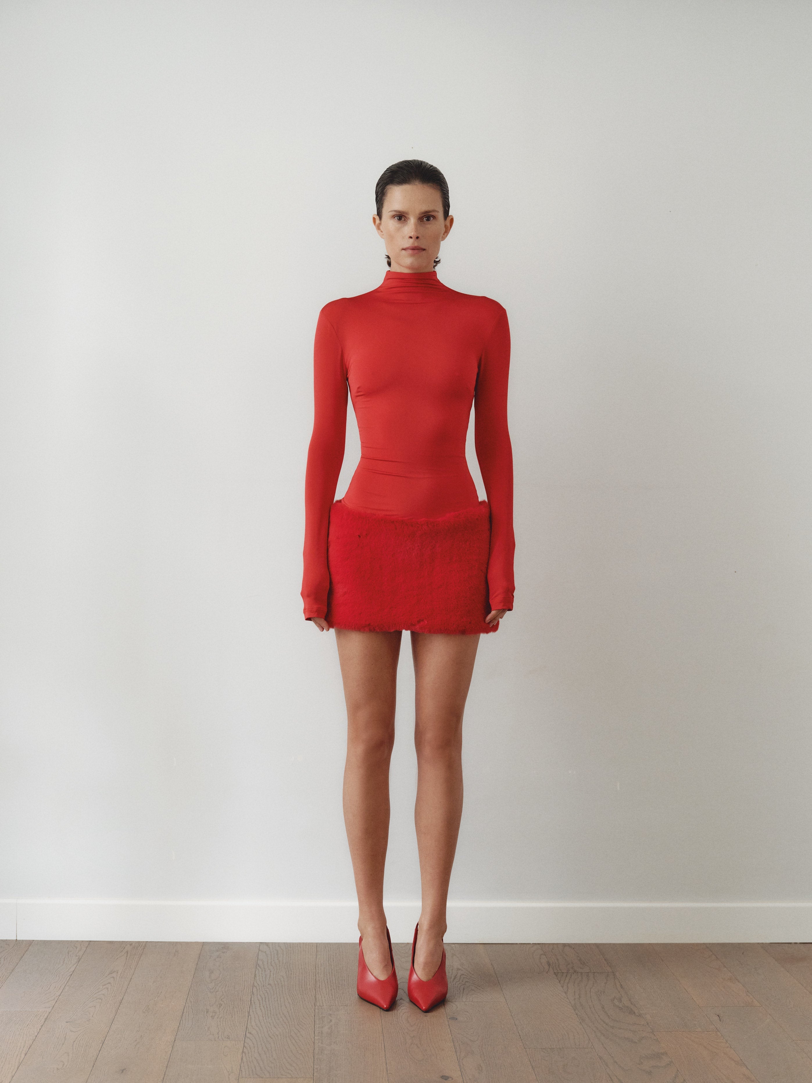 Red Mini Dress with Furry Skirt
