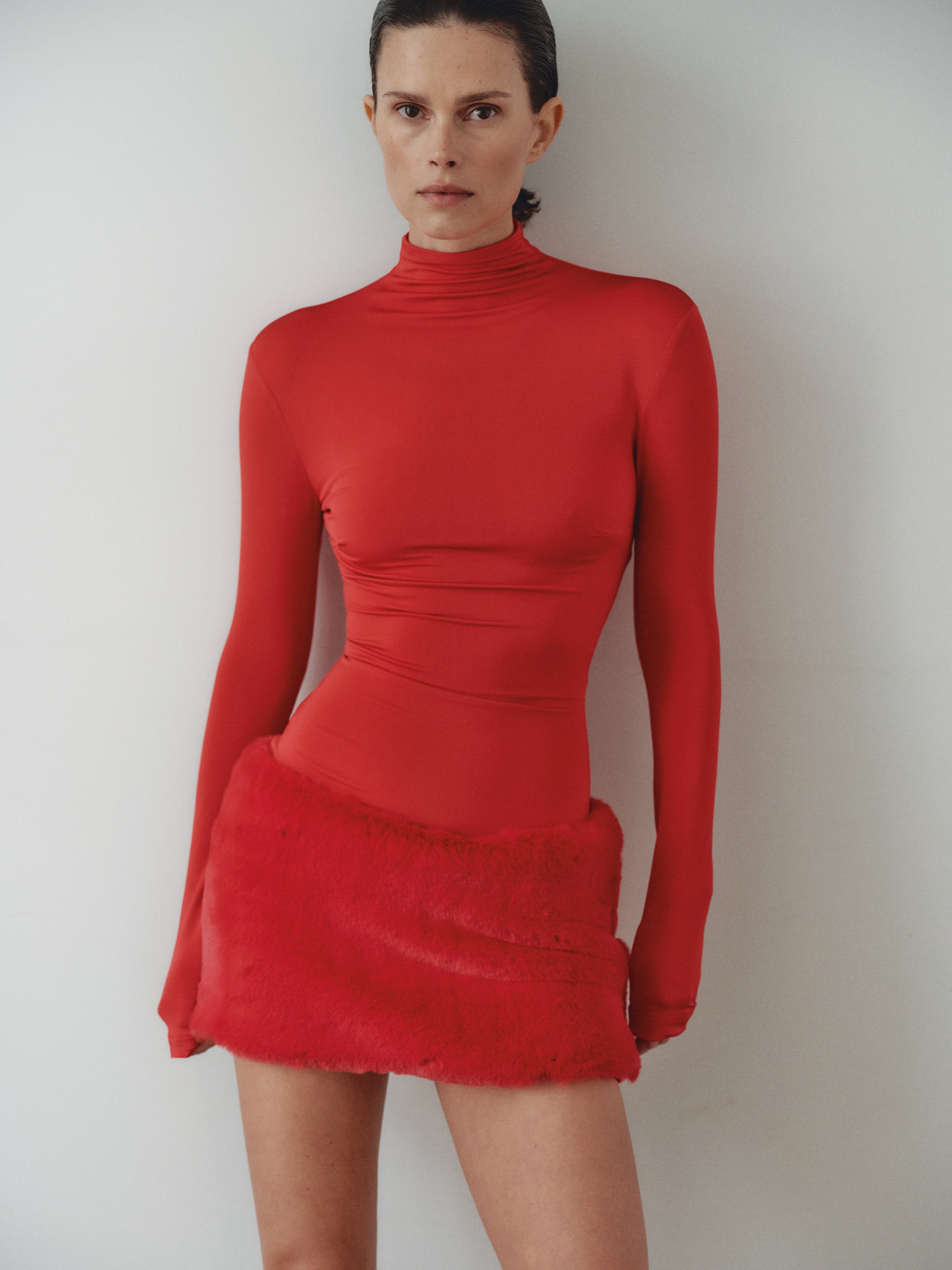 Red Mini Dress with Furry Skirt