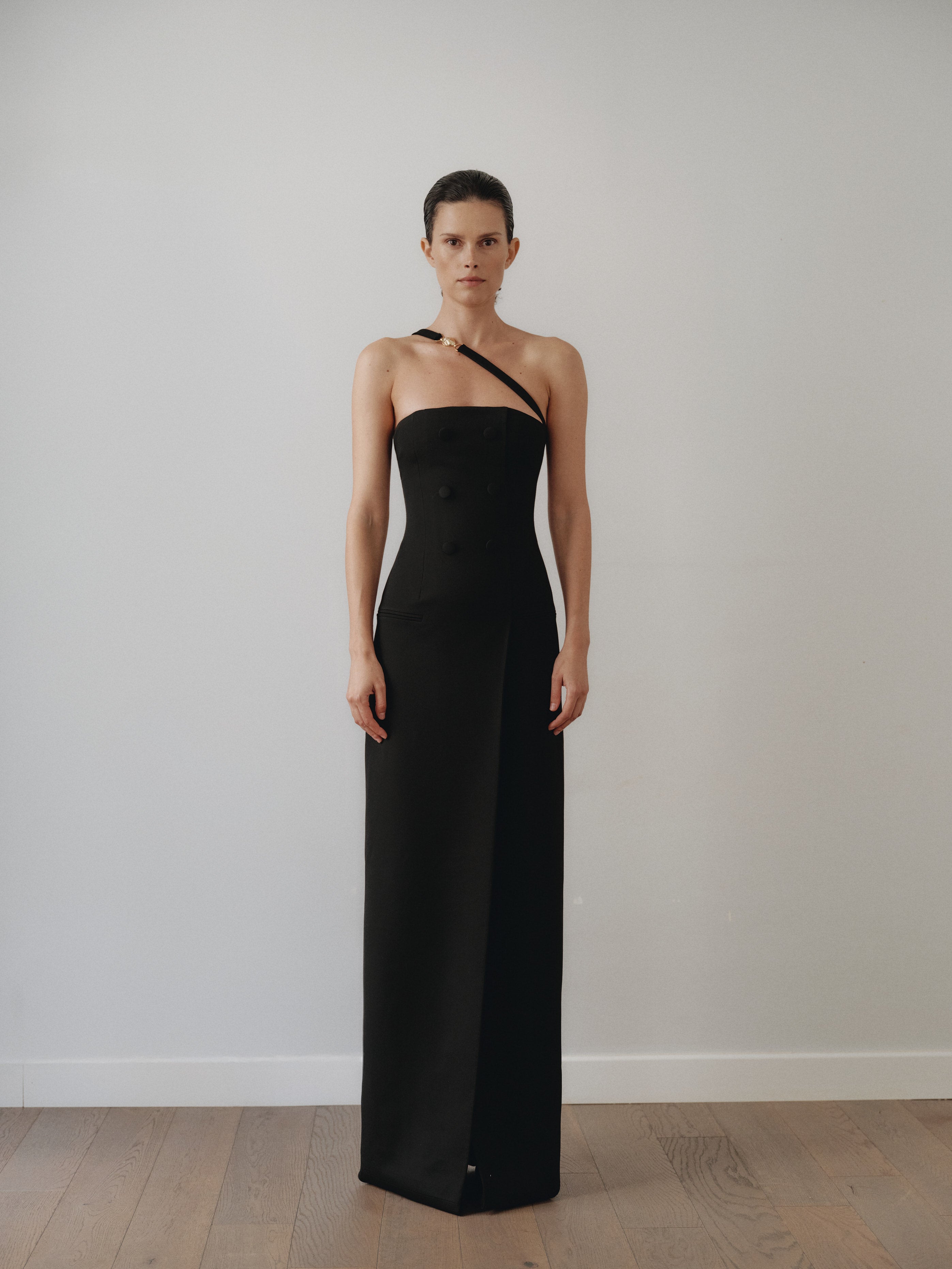 Black Long Dress with Buttons and Hand-Made Gold Pleated Stone Accesory