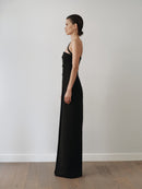 Black Long Dress with Buttons and Hand-Made Gold Pleated Stone Accesory
