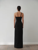 Black Long Dress with Buttons and Hand-Made Gold Pleated Stone Accesory