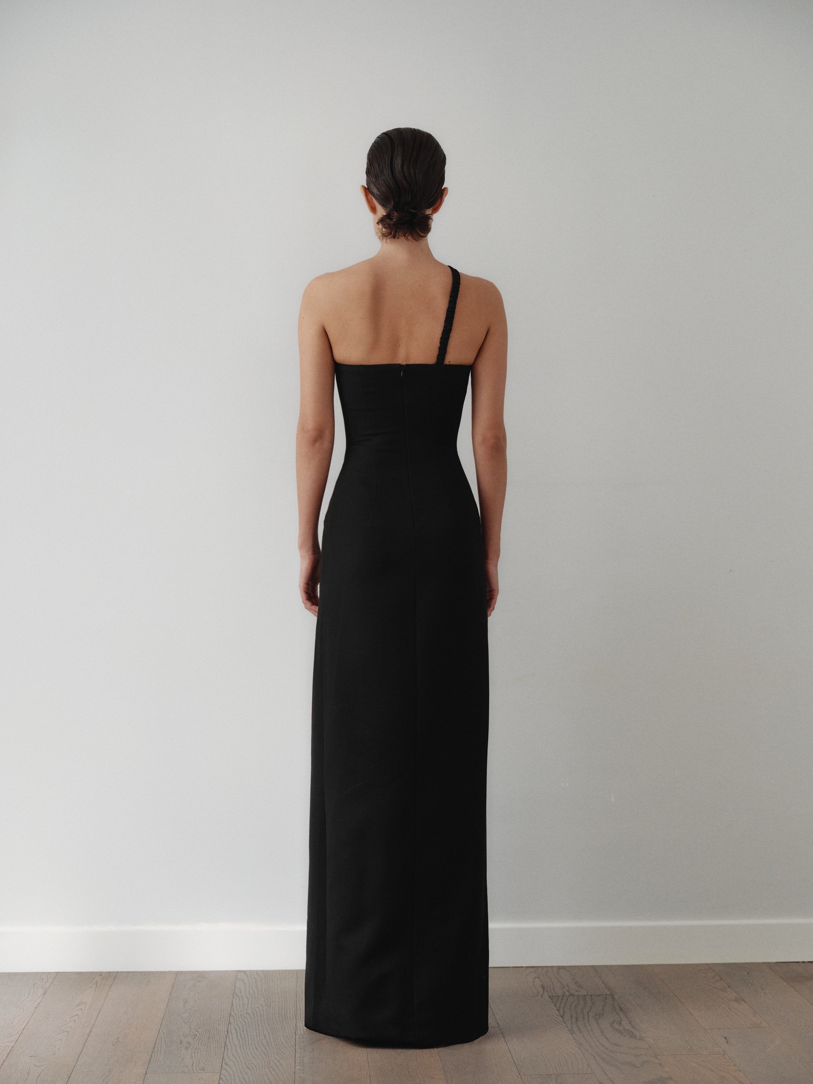 Black Long Dress with Buttons and Hand-Made Gold Pleated Stone Accesory