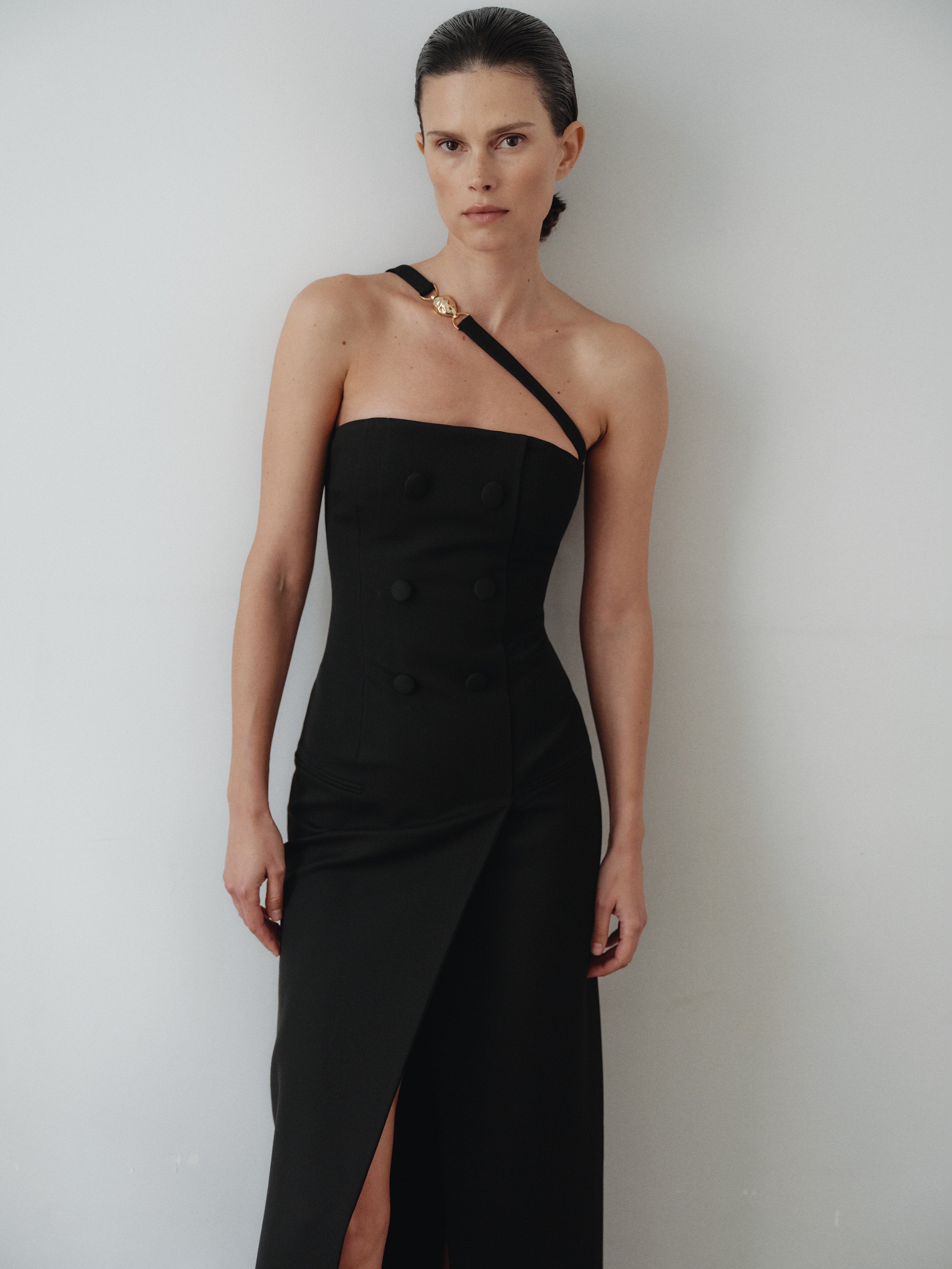 Black Long Dress with Buttons and Hand-Made Gold Pleated Stone Accesory