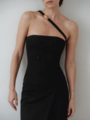 Black Long Dress with Buttons and Hand-Made Gold Pleated Stone Accesory