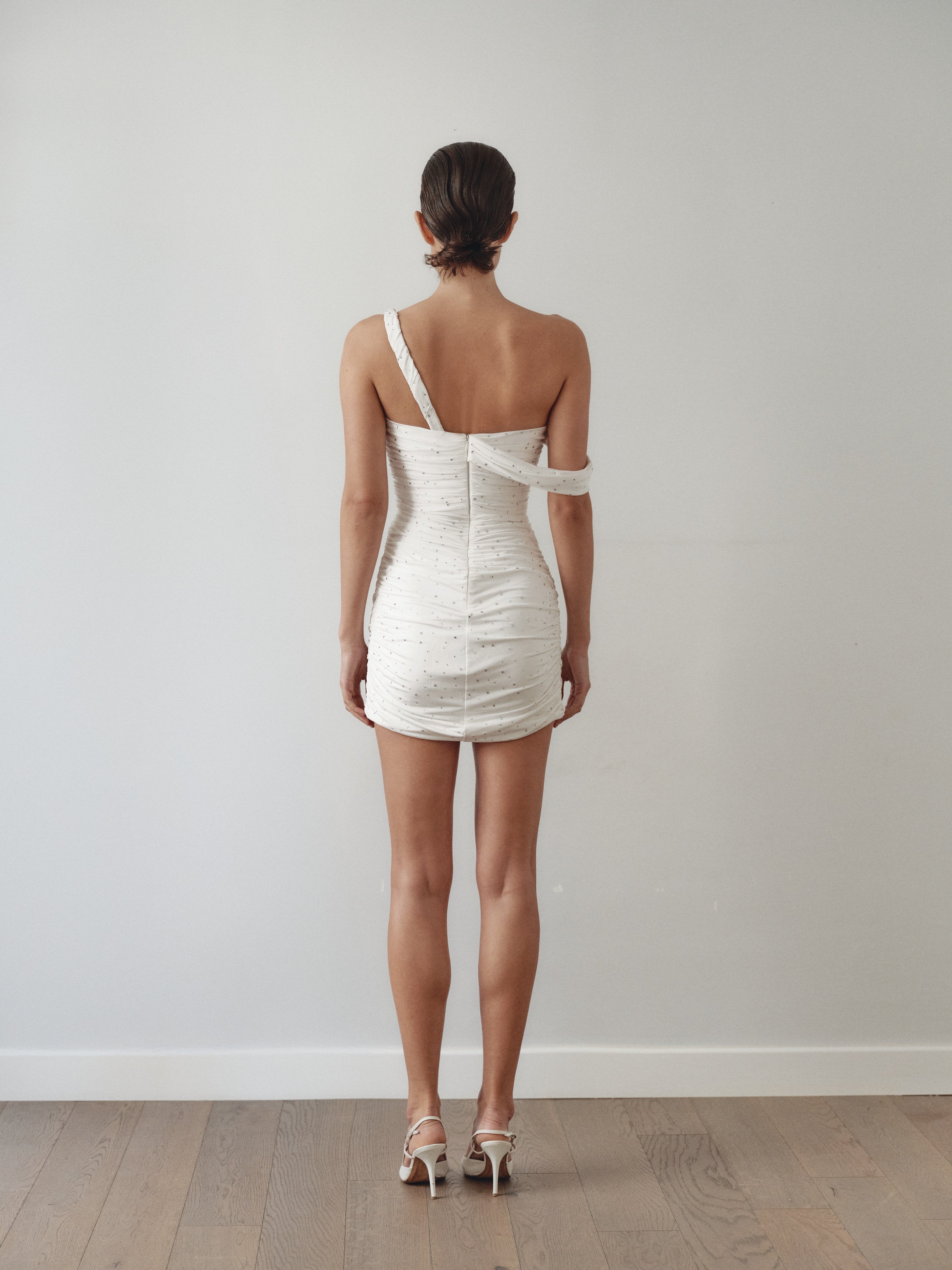 White Draped Stone Embellished Mini Dress with Low Strap