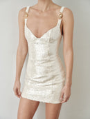 White Sequin Mini Dress with Hand-Made Gold Plated Accesory