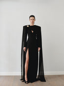 Black V Neckline Maxi Dress with Scarf and Hand-Made Gold Pleated Stone Accesory