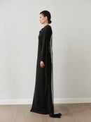 Black V Neckline Maxi Dress with Scarf and Hand-Made Gold Pleated Stone Accesory