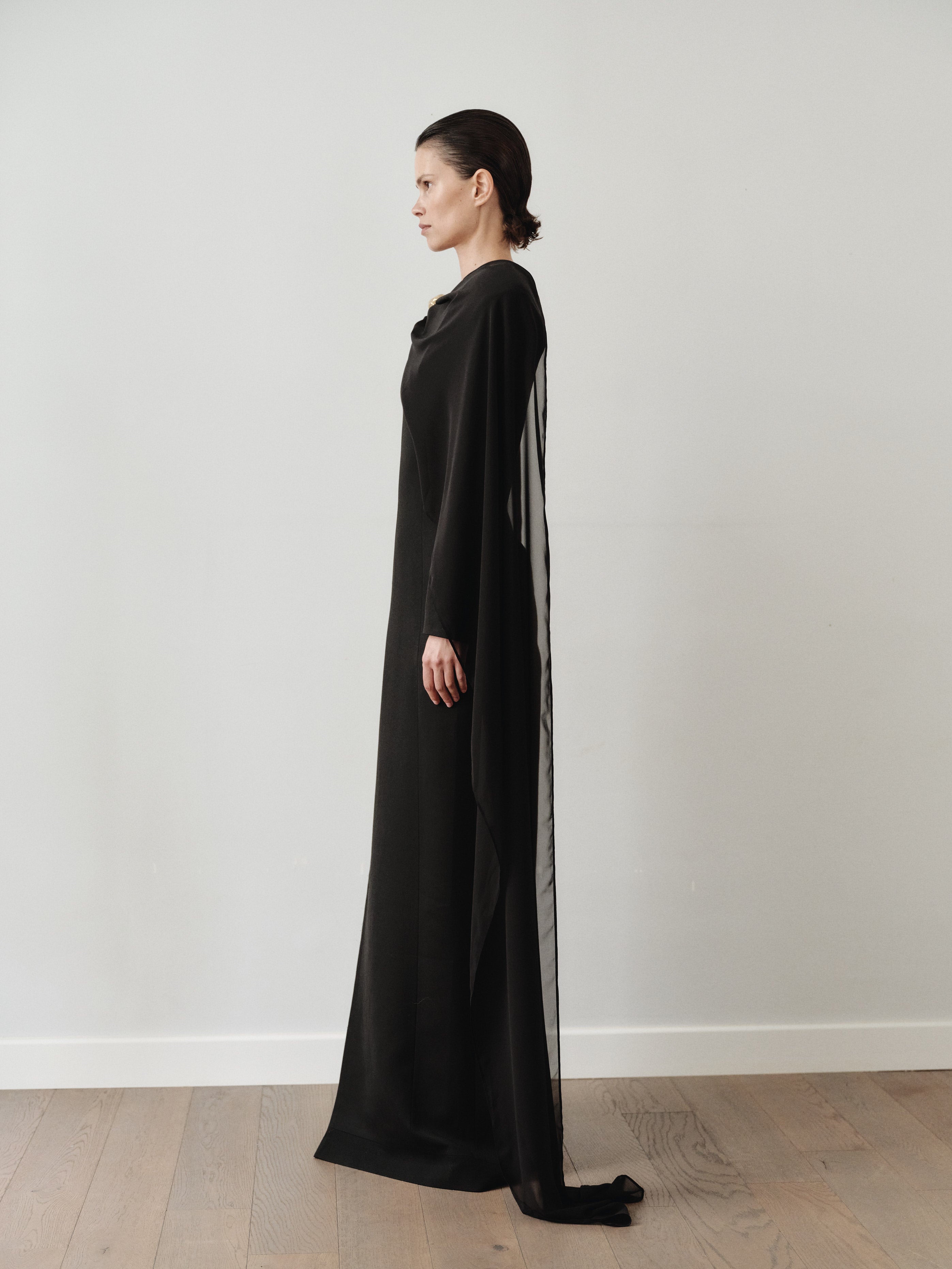 Black V Neckline Maxi Dress with Scarf and Hand-Made Gold Pleated Stone Accesory
