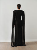 Black V Neckline Maxi Dress with Scarf and Hand-Made Gold Pleated Stone Accesory