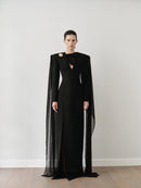 Black V Neckline Maxi Dress with Scarf and Hand-Made Gold Pleated Stone Accesory