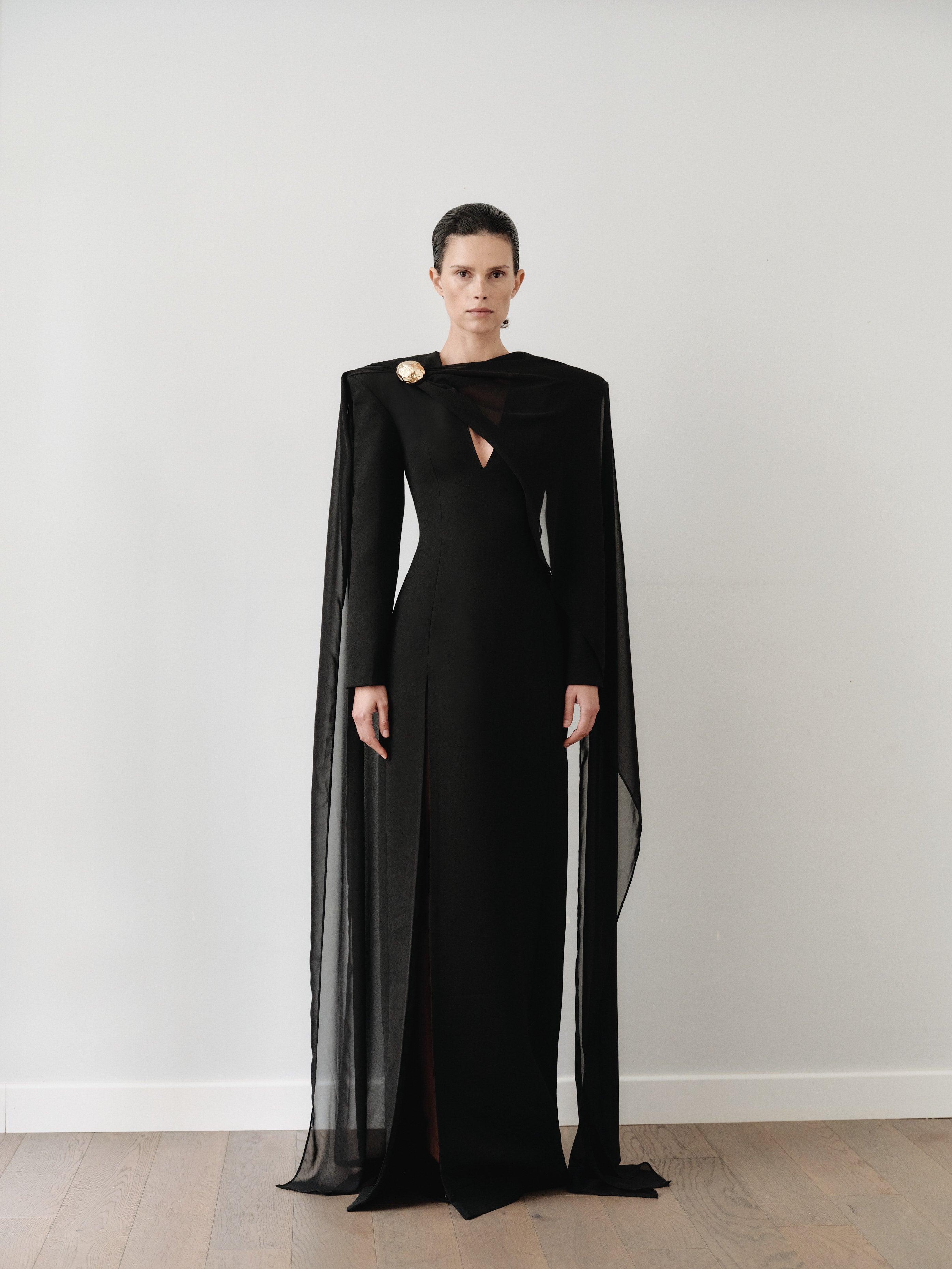 Black V Neckline Maxi Dress with Scarf and Hand-Made Gold Pleated Stone Accesory