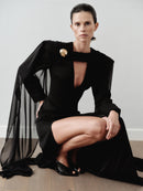 Black V Neckline Maxi Dress with Scarf and Hand-Made Gold Pleated Stone Accesory