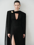 Black V Neckline Maxi Dress with Scarf and Hand-Made Gold Pleated Stone Accesory