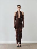 Brown Tulle Long Dress with Gloves