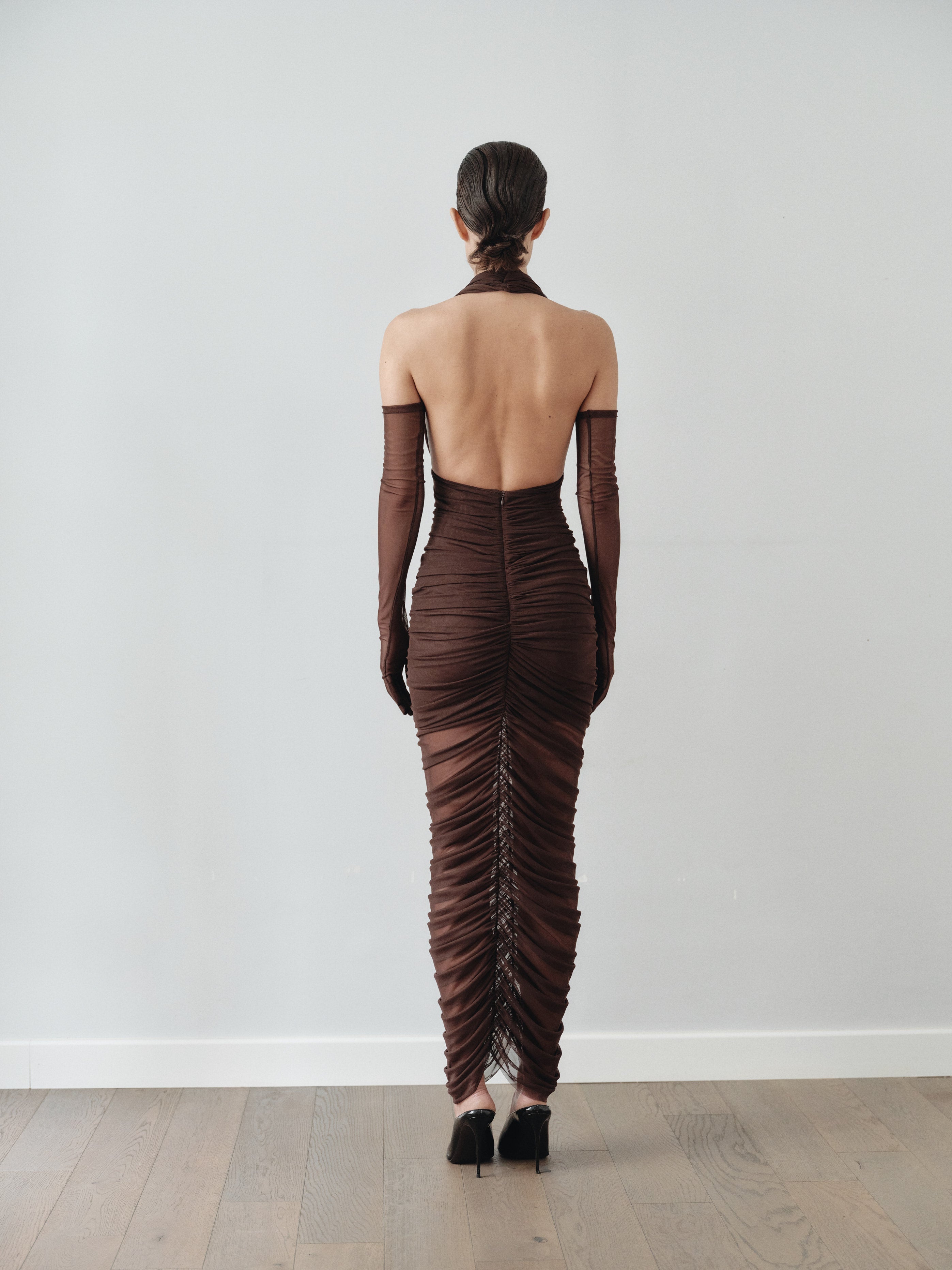 Brown Tulle Long Dress with Gloves