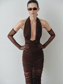 Brown Tulle Long Dress with Gloves