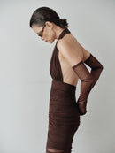 Brown Tulle Long Dress with Gloves