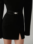 Black Mini Padded Dress with Belt and Hand-Made Silver Pleated Accesory