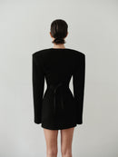 Black Mini Padded Dress with Belt and Hand-Made Silver Pleated Accesory