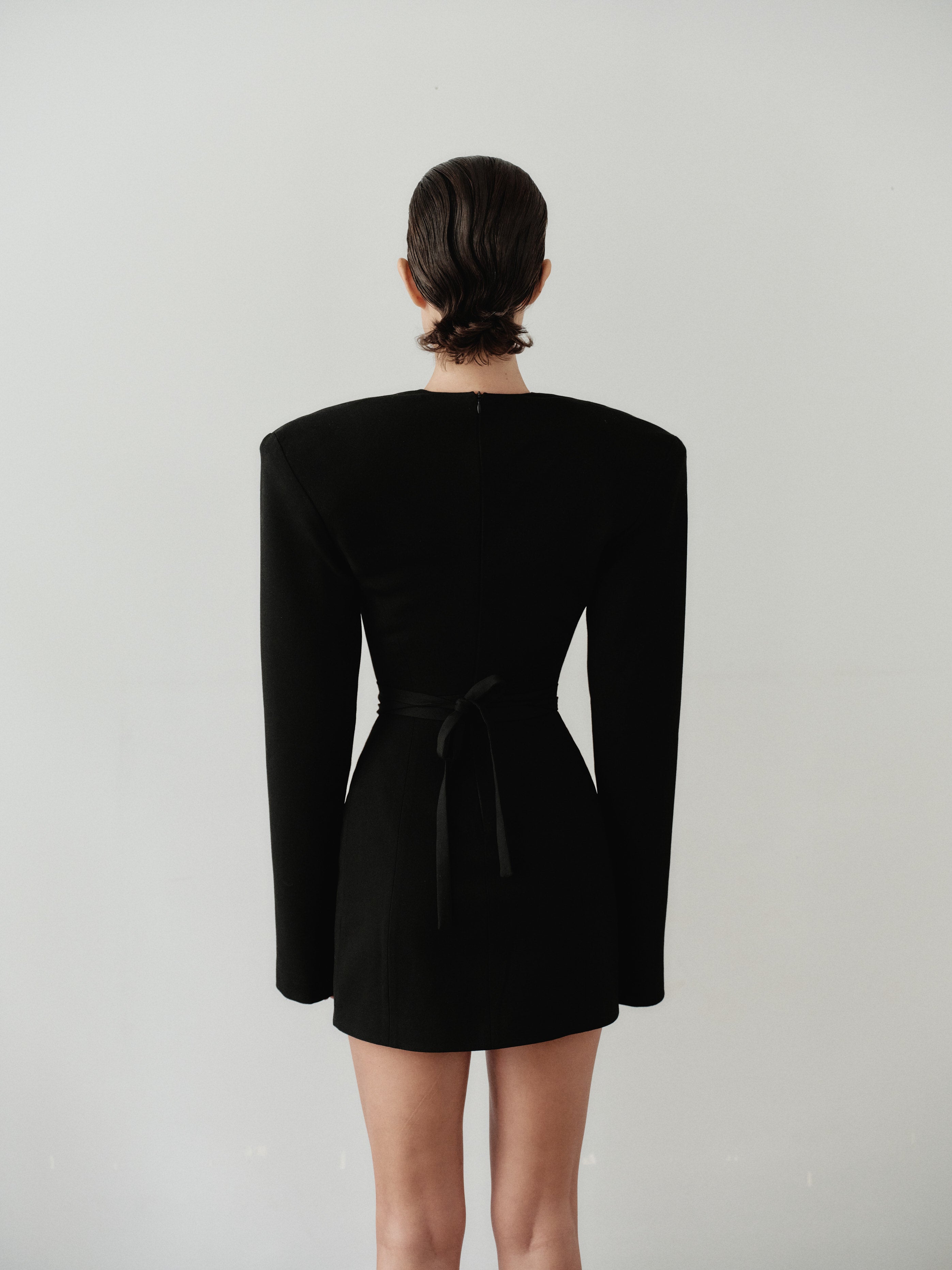 Black Mini Padded Dress with Belt and Hand-Made Silver Pleated Accesory