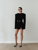 Black Mini Padded Dress with Belt and Hand-Made Silver Pleated Accesory