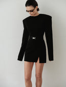 Black Mini Padded Dress with Belt and Hand-Made Silver Pleated Accesory