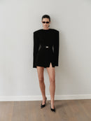 Black Mini Padded Dress with Belt and Hand-Made Silver Pleated Accesory