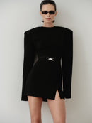 Black Mini Padded Dress with Belt and Hand-Made Silver Pleated Accesory
