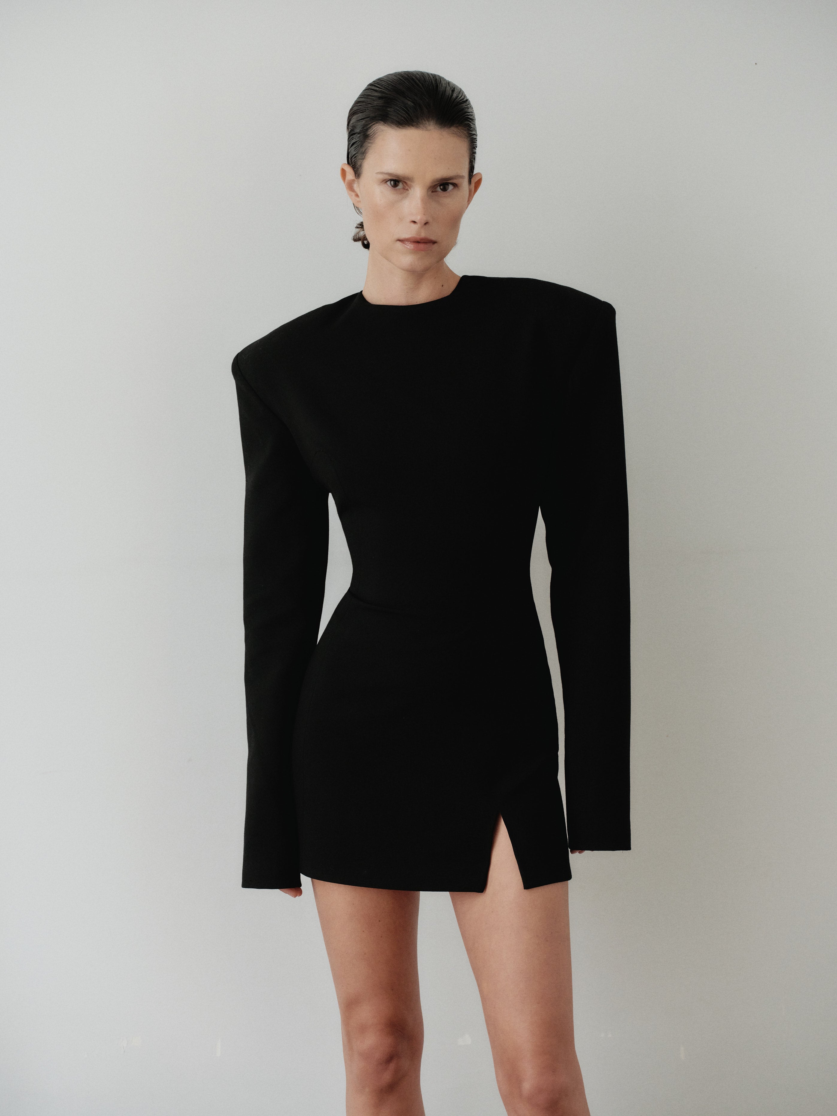 Black Mini Padded Dress with Belt and Hand-Made Silver Pleated Accesory