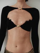 Black Top with Hand-Made Gold Pleated Accesory