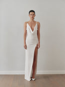 White Draped Neckline Dress with Hand-Made Gold Pleated Accesory