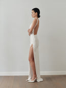 White Draped Neckline Dress with Hand-Made Gold Pleated Accesory
