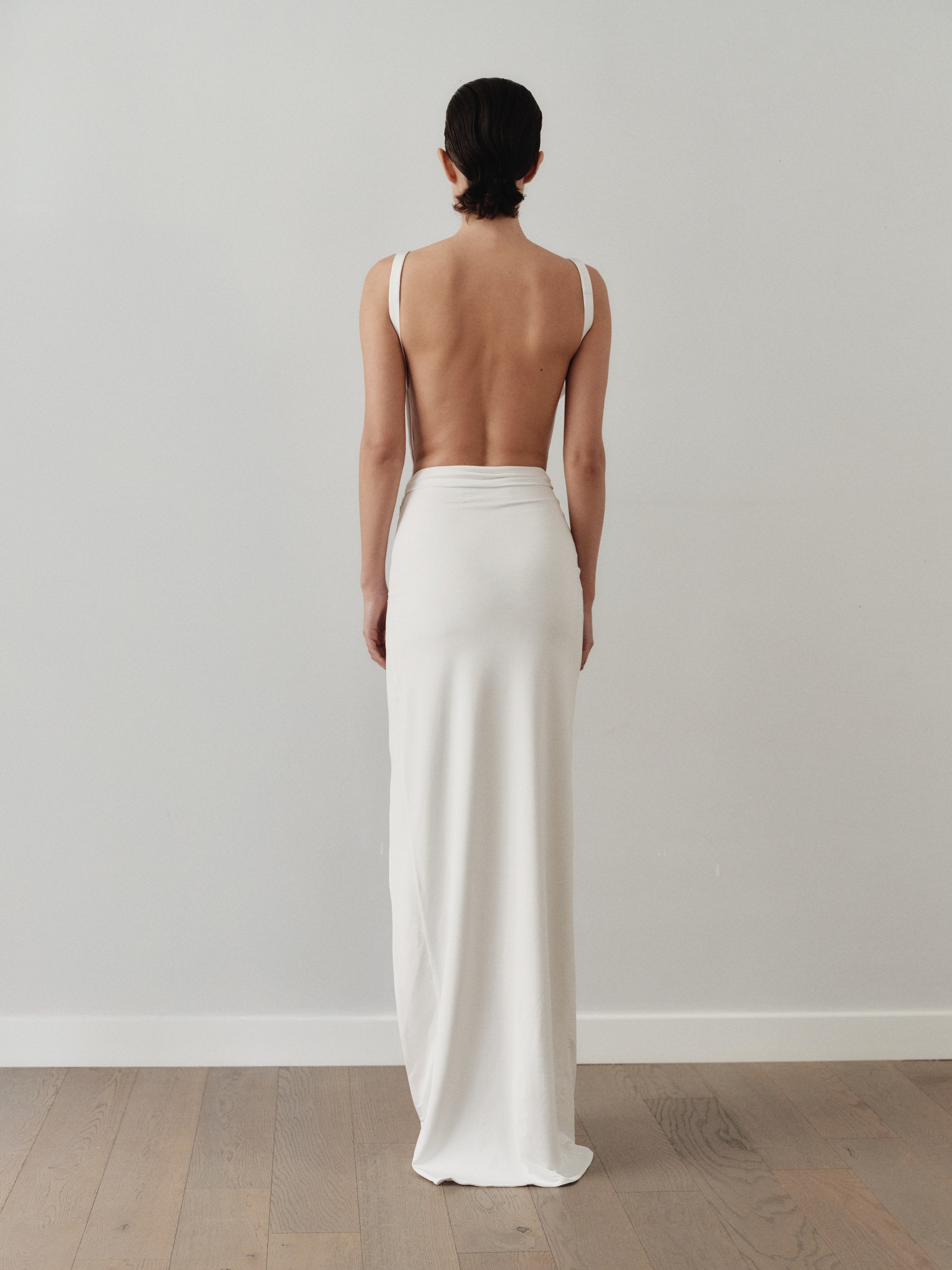 White Draped Neckline Dress with Hand-Made Gold Pleated Accesory