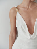 White Draped Neckline Dress with Hand-Made Gold Pleated Accesory