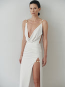 White Draped Neckline Dress with Hand-Made Gold Pleated Accesory