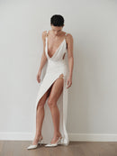 White Draped Neckline Dress with Hand-Made Gold Pleated Accesory