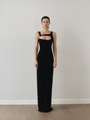 Black Maxi Cut Out Dress with Hand-Made Gold Pleated Stone Accesory