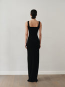 Black Maxi Cut Out Dress with Hand-Made Gold Pleated Stone Accesory