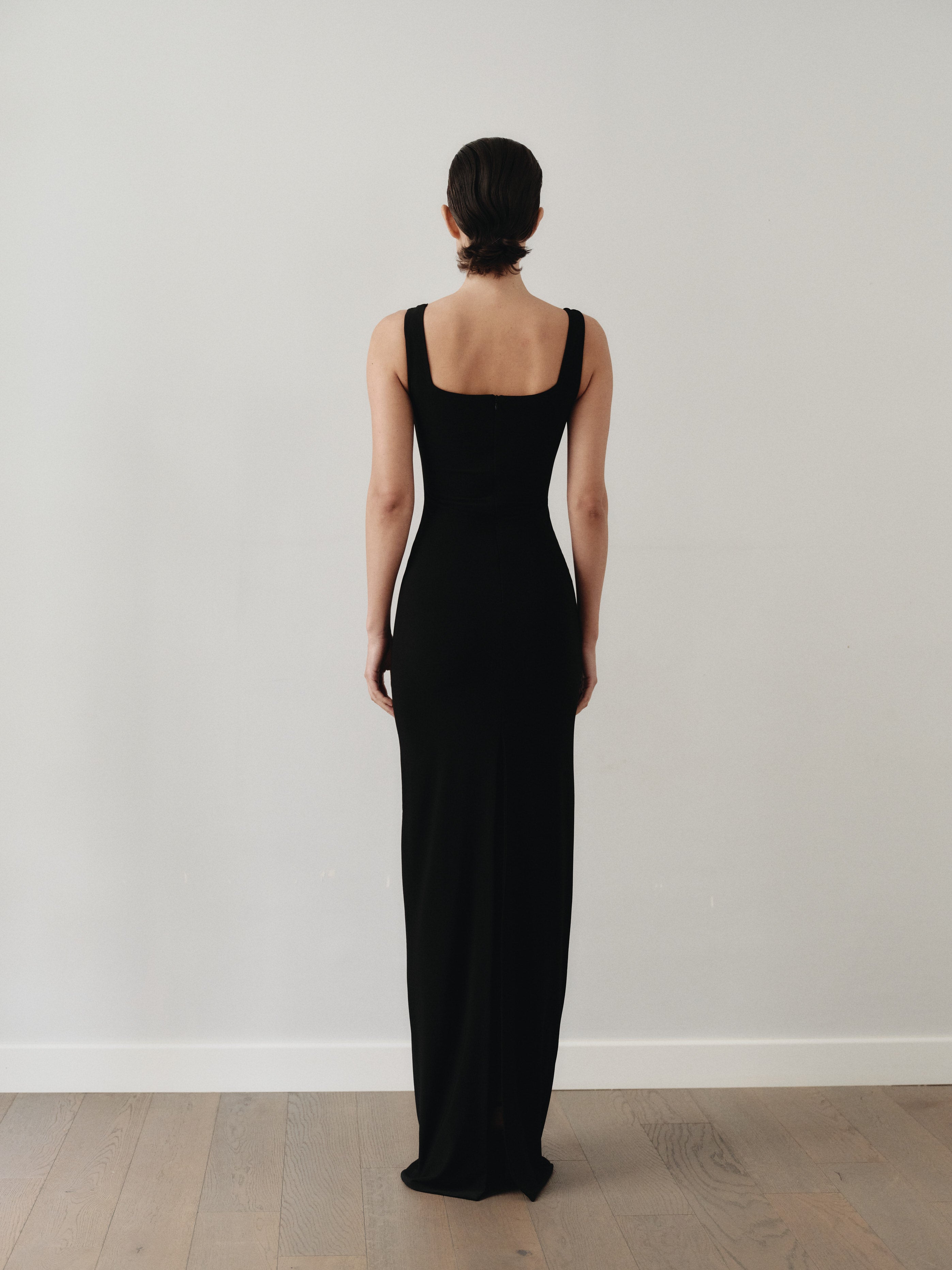 Black Maxi Cut Out Dress with Hand-Made Gold Pleated Stone Accesory