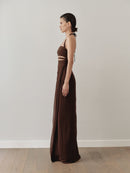 Brown Chiffon Cut Out Dress with Hand-Made Gold Pleated Stone Accesory