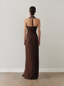 Brown Chiffon Cut Out Dress with Hand-Made Gold Pleated Stone Accesory
