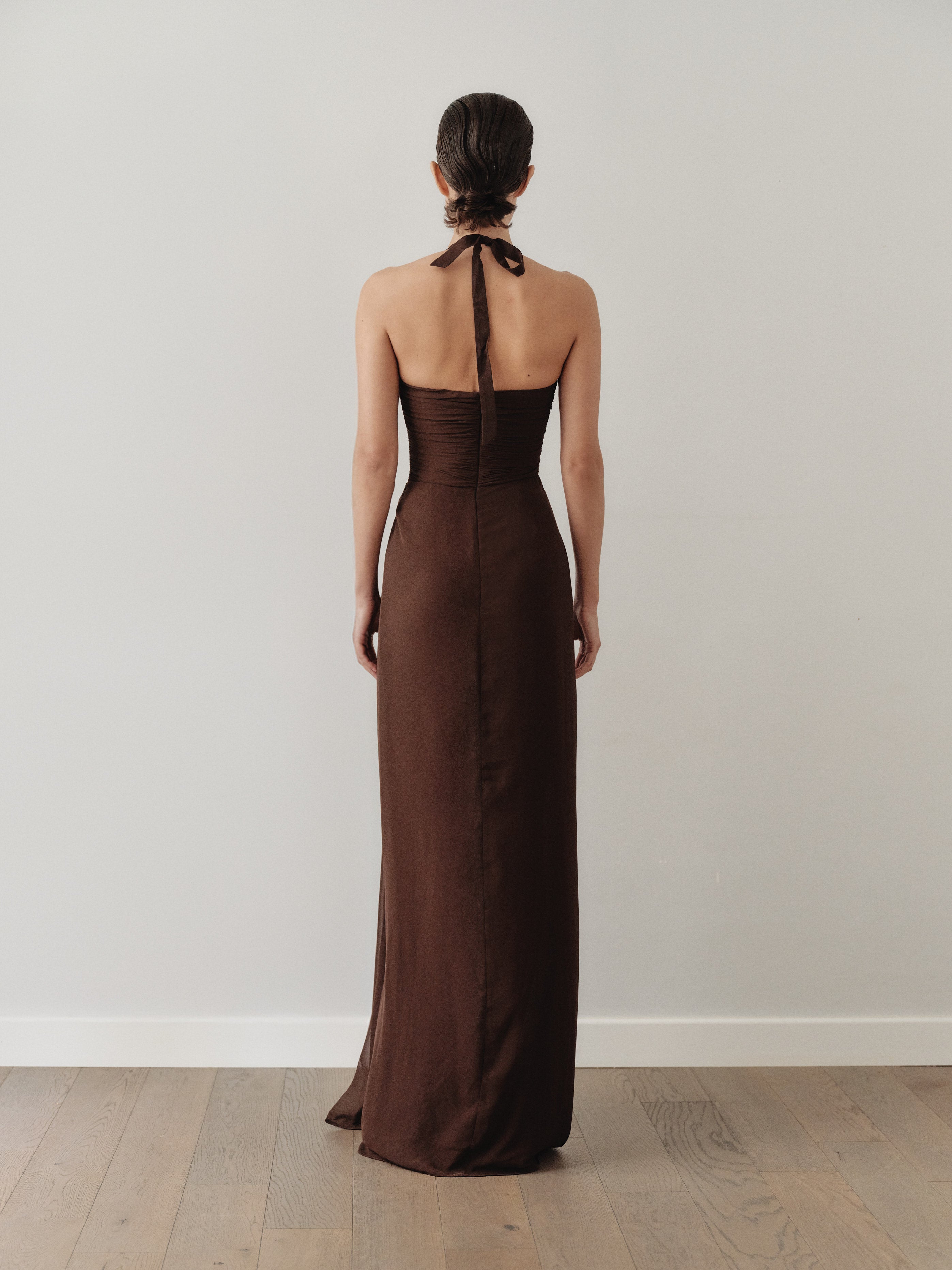 Brown Chiffon Cut Out Dress with Hand-Made Gold Pleated Stone Accesory